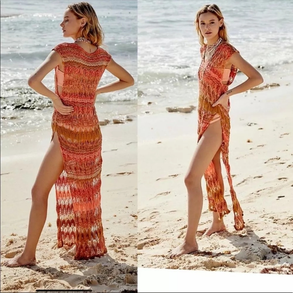 Free People Into the Flames Orange Crochet Knit Sleeveless Tunic Maxi Dress